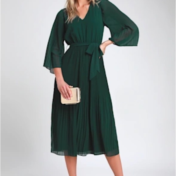 Lulu's Forest Green Midi pleated Dress size xl wedding guest special event party - Picture 2 of 13